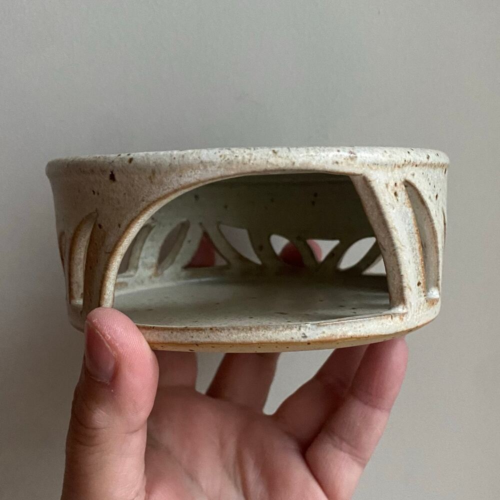 Signed Pottery Stoneware Luminary Tea Light Votive Candle Holder Reticulated